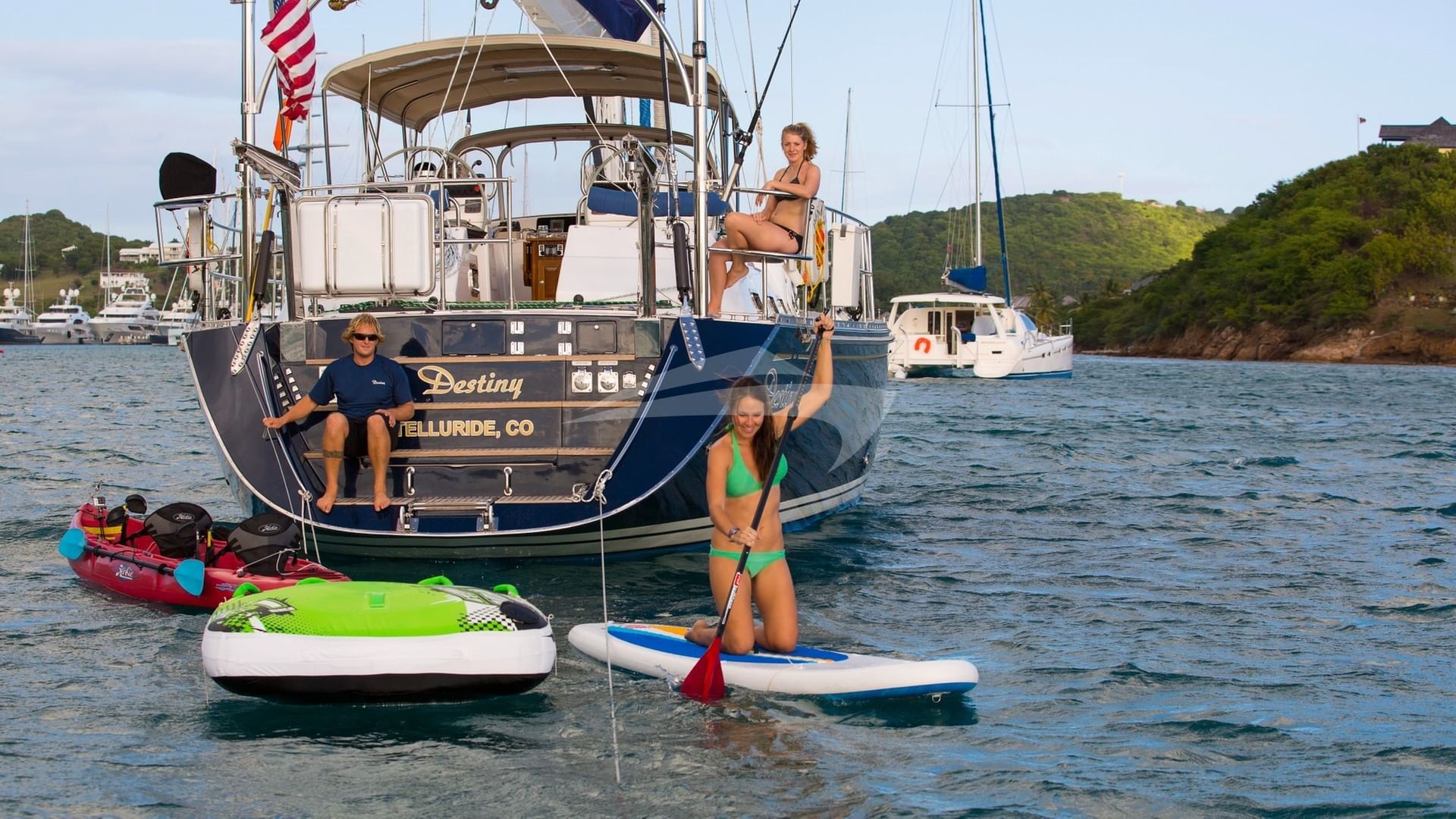 Destiny at anchor with watersports