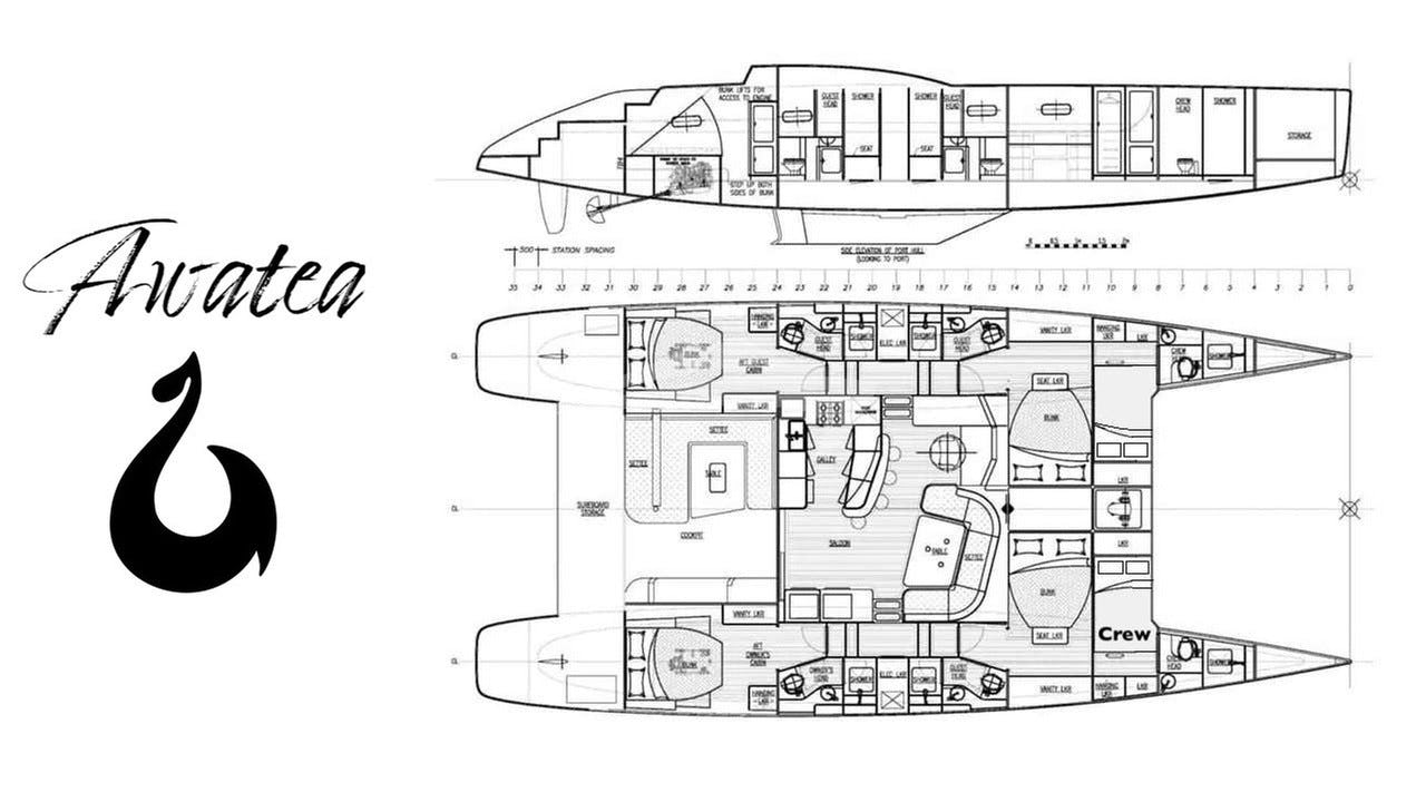Luxury charter yacht layout diagram for AWATEA