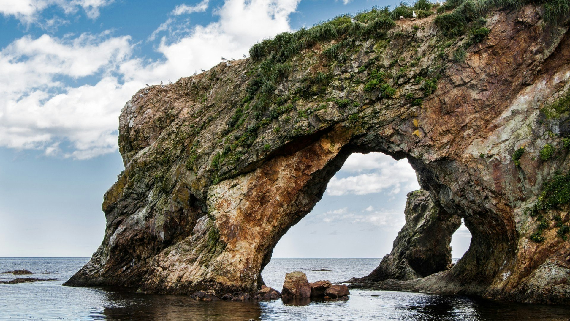 Beautiful stone natural arches. Rock formation, on the top of which gulls live