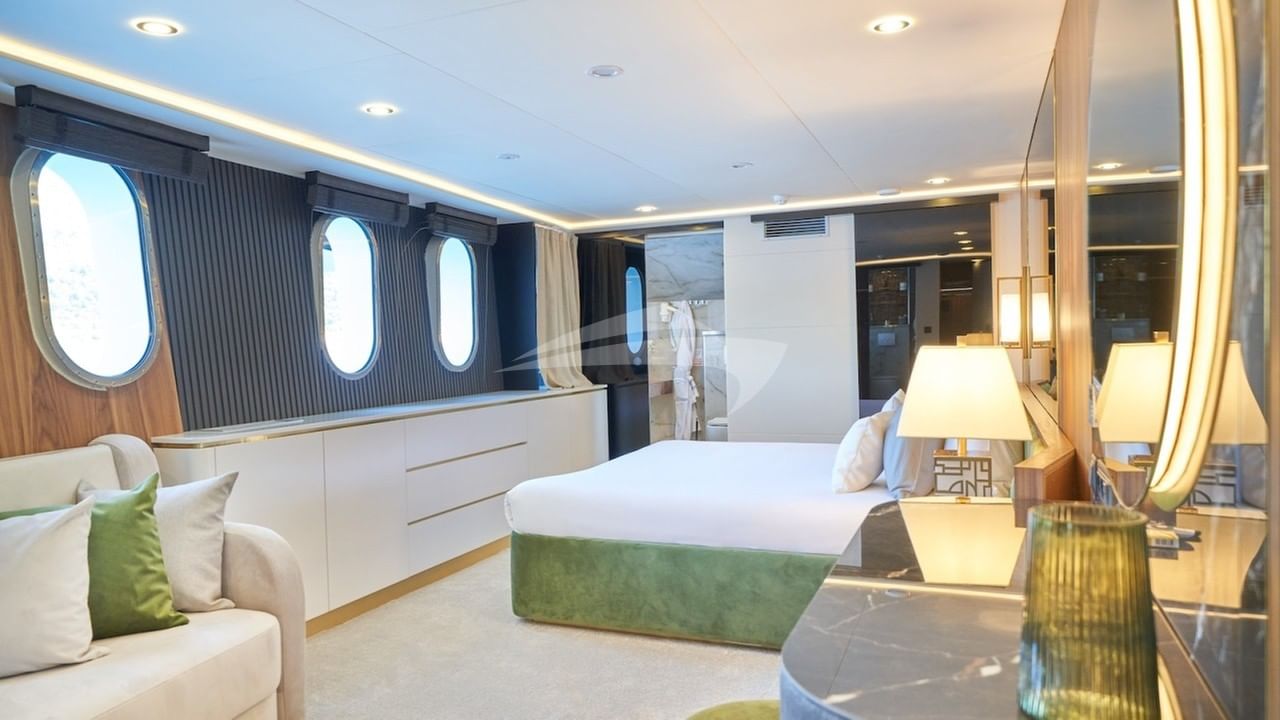 Main deck master stateroom 4 is a mirror of stateroom 3 with luxurious sofa and separate his and hers en suites with showerseterna 193