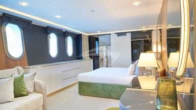 Main deck master stateroom 4 is a mirror of stateroom 3 with luxurious sofa and separate his and hers en suites with showerseterna 193