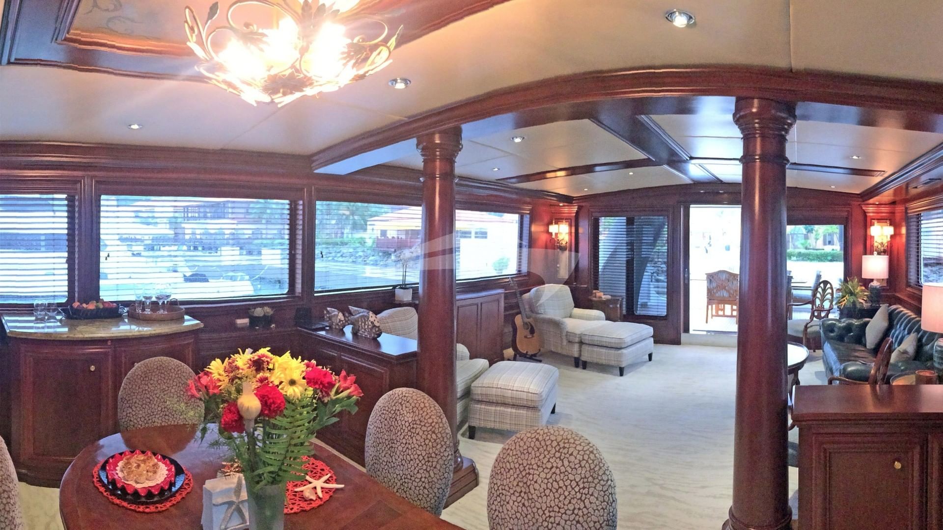 Broad view from dining area to the aft end of the 