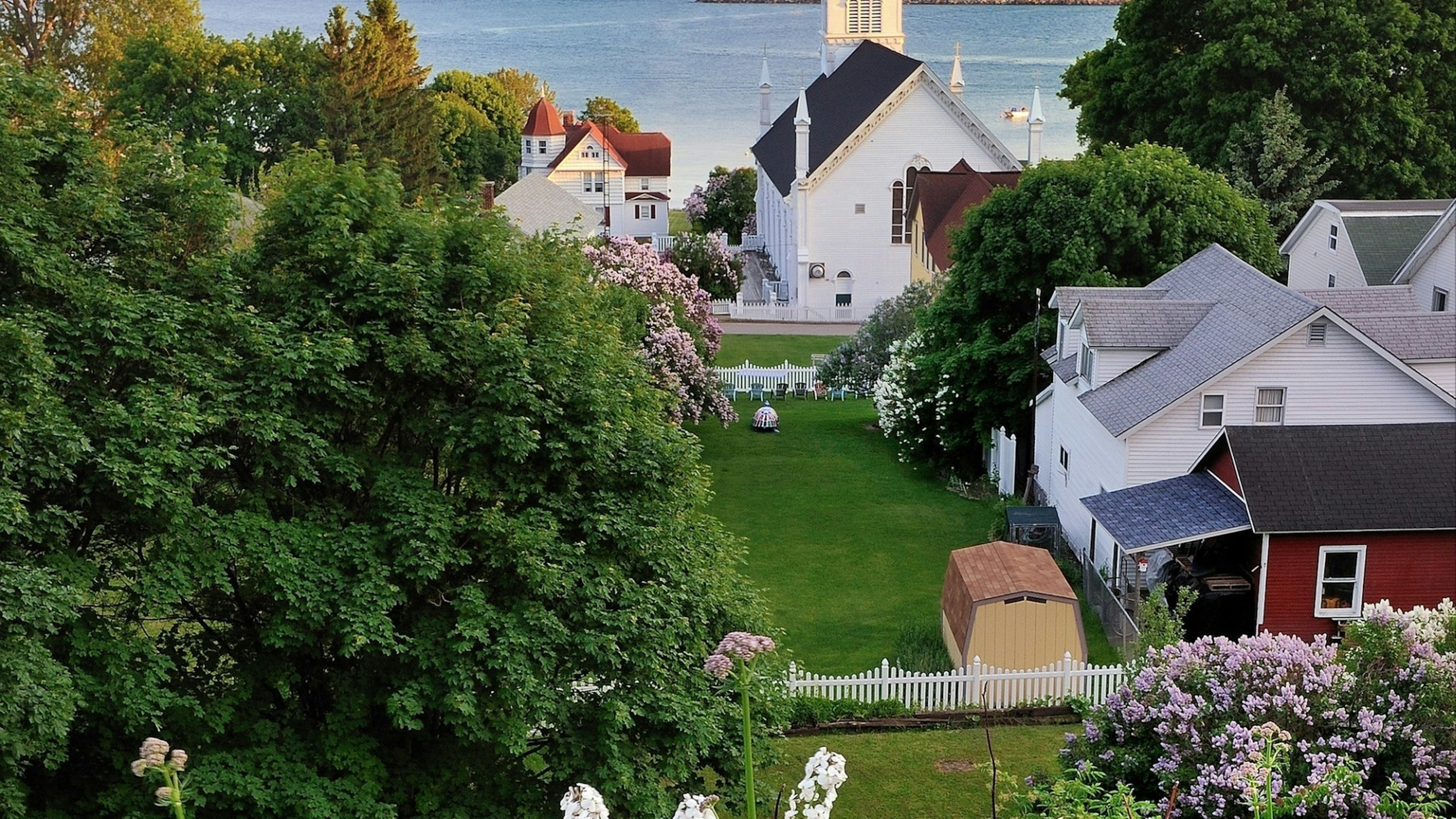 Mackinac Island Harbor, Saint Ann's Catholic Church. Taken during the annual Lilac Festival. Michigan USA
