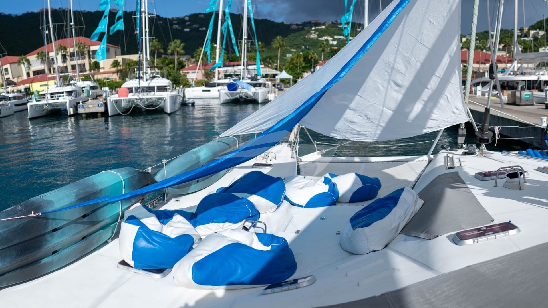 Shaded lounging on the foredeck tramps