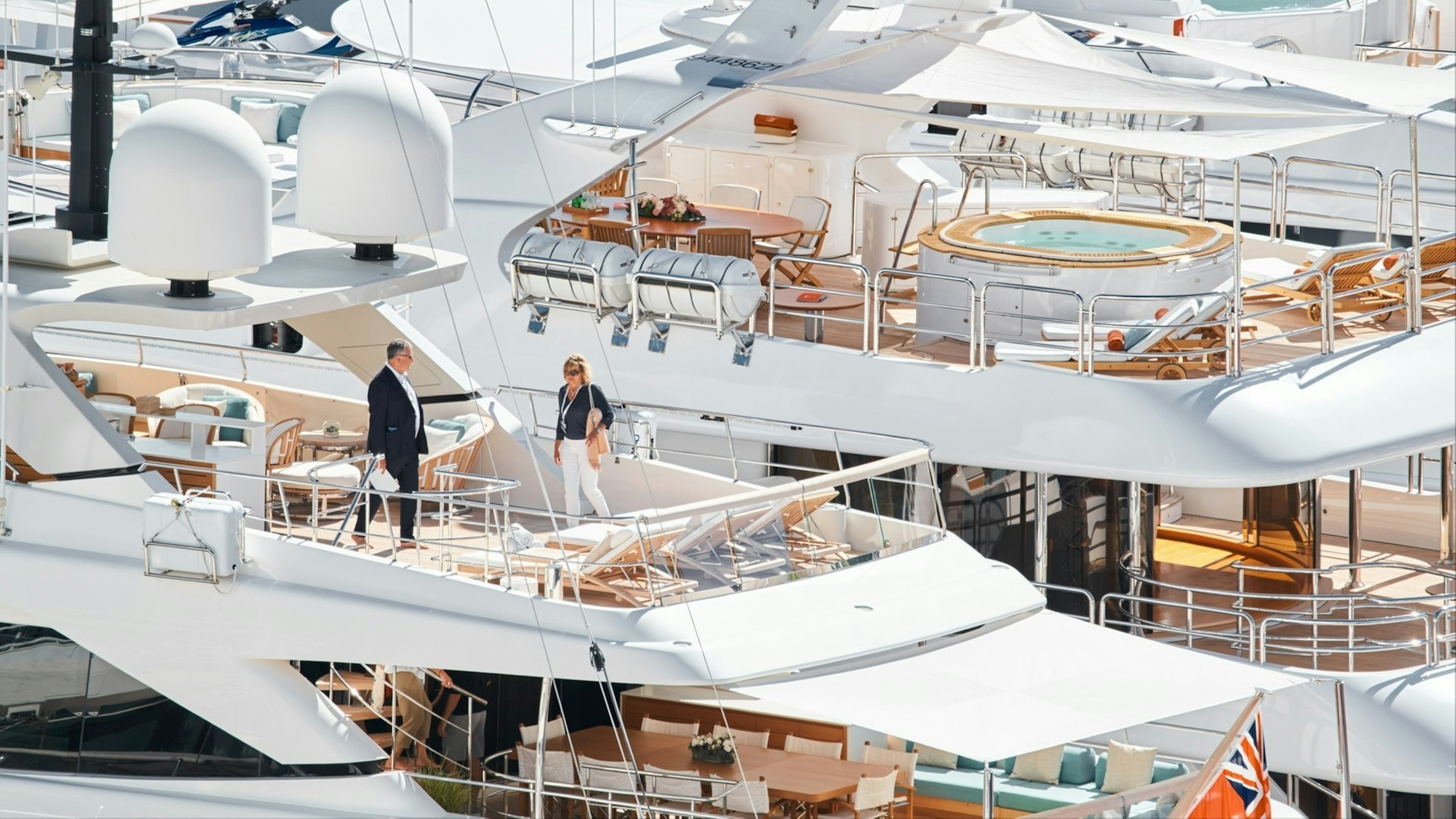 Clients inspect megayachts at the largest fair exhibition in the world yacht show MYS